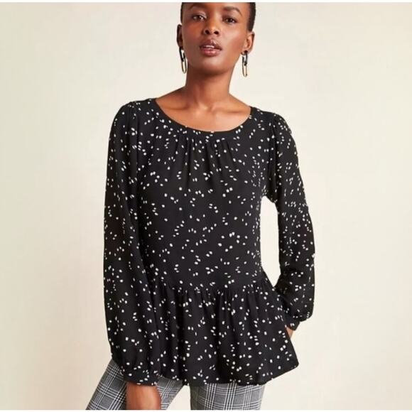 Maeve X Anthropologie Women Black‎ White Polka Dot Cheyenne Peplum Blouse Size M - Picture 1 of 12